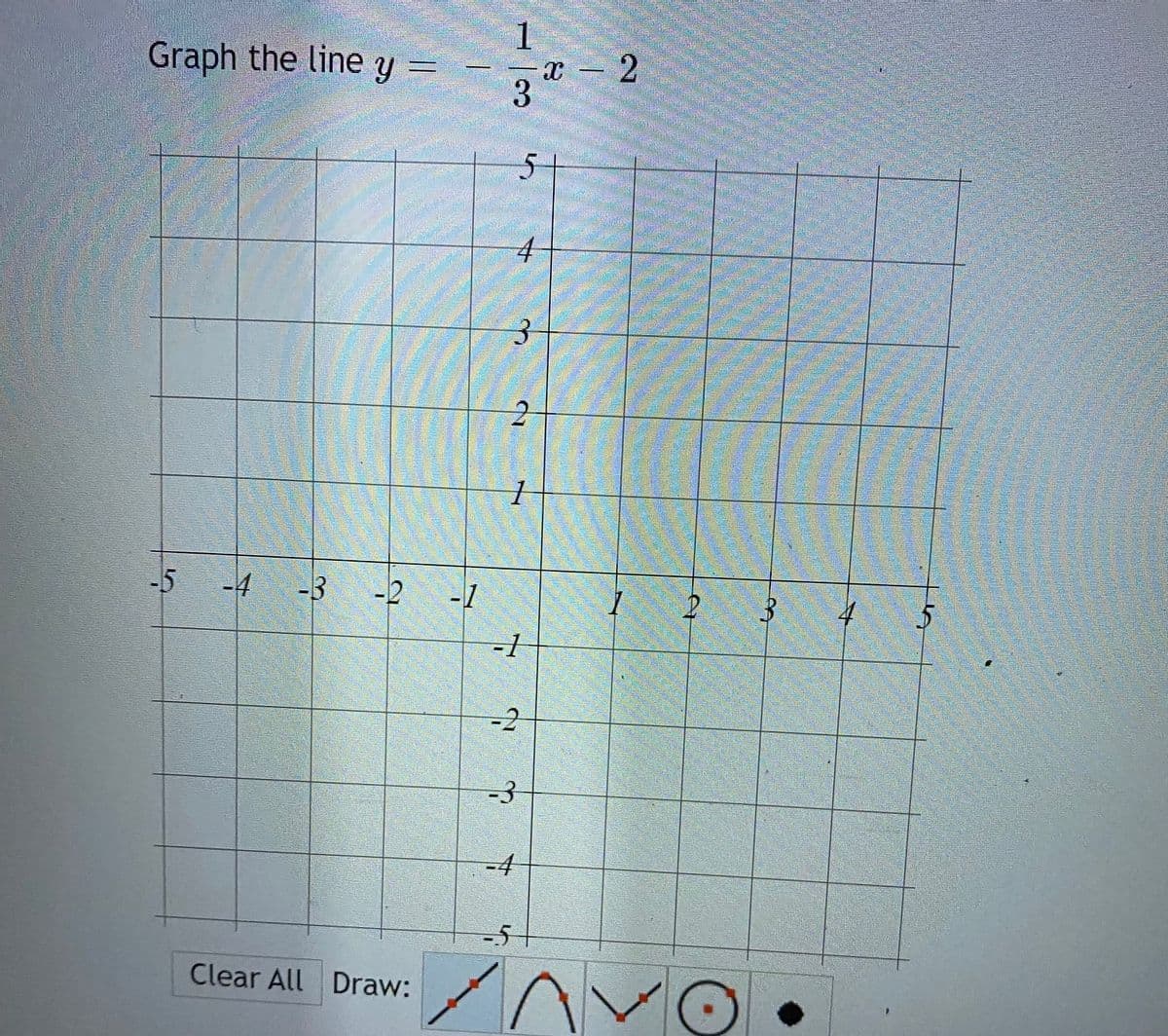 1.
Graph the line y =
x - 2
4
-5
-4
-3
-2
-1
-2
-4
-5
Clear All Draw:
