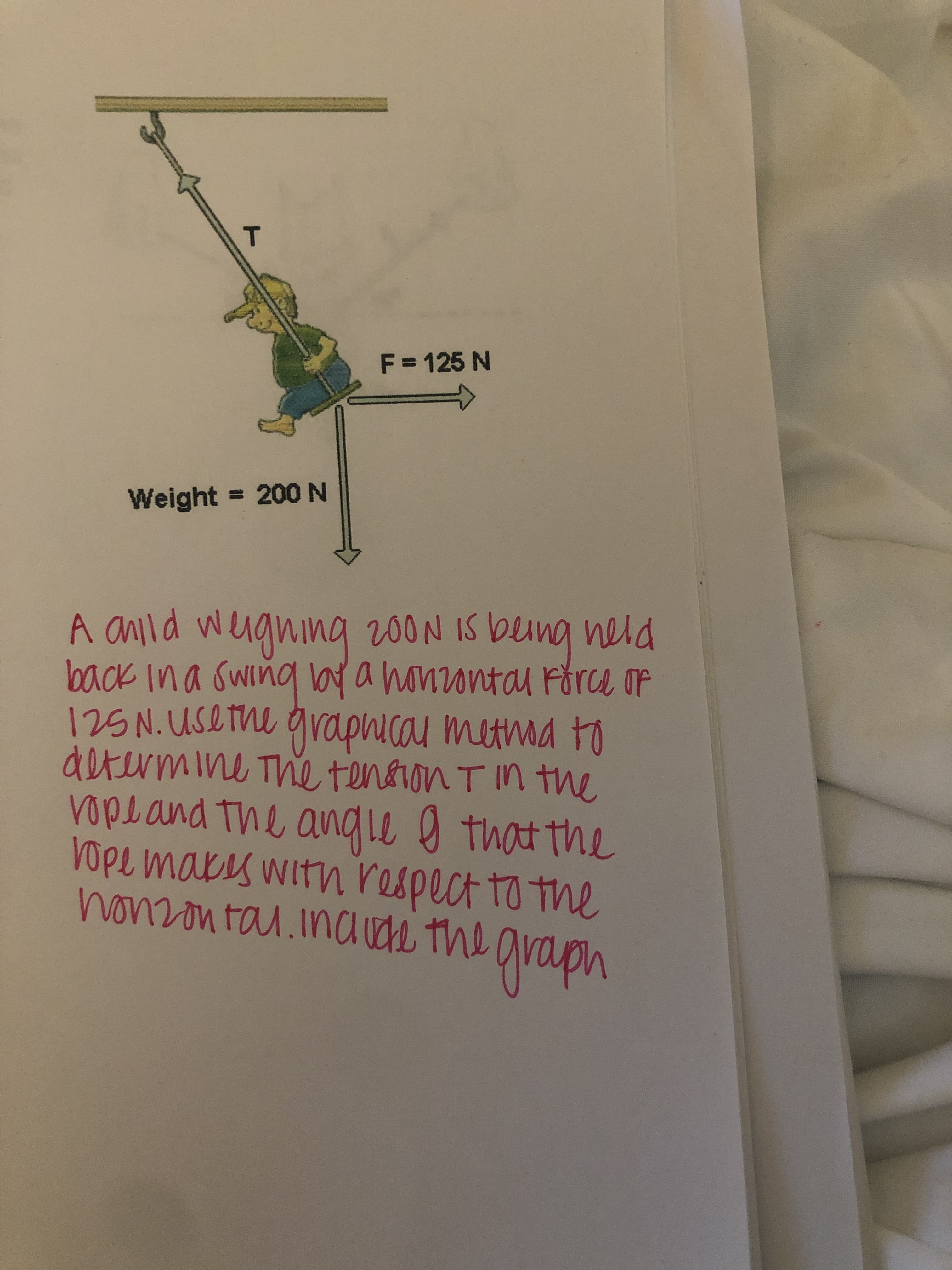 F = 125 N
Weight 200 N
A anild weigning 200N IS being neld
back Ina swing lay a honzontal Förce of
burrasI buiubn
determine The tenoron T in the
vOpe makis with respect to the
navde ti
