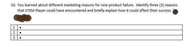 10. You learned about different marketing reasons for new product failure. Identify three (3) reasons
that STEM Player could have encountered and briefly explain how it could affect their success.
2
