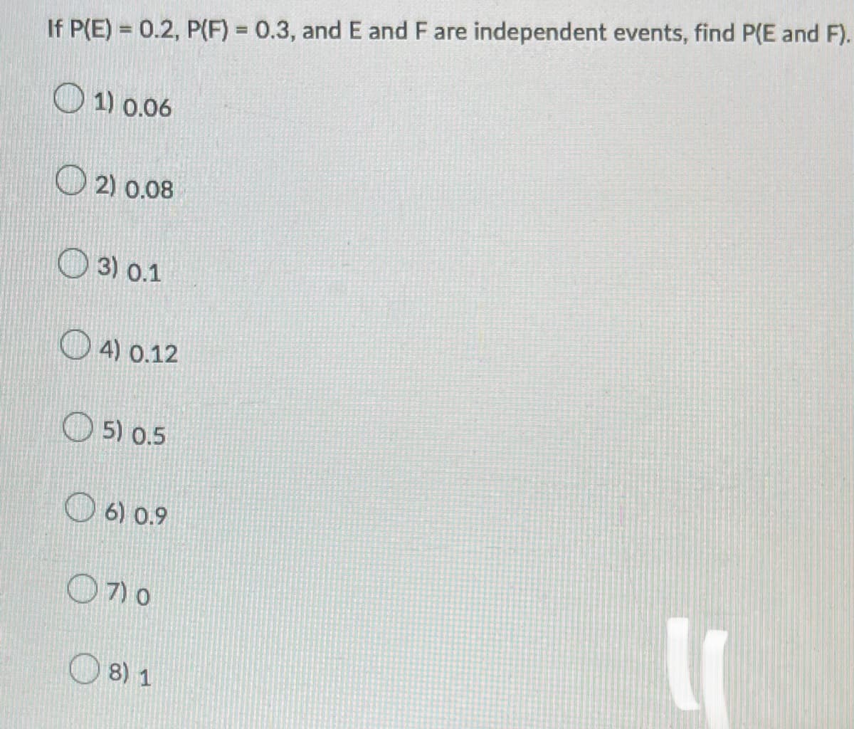 **Problem Statement:**

Given:
- \( P(E) = 0.2 \)
- \( P(F) = 0.3 \)
- E and F are independent events

Find \( P(E \text{ and } F) \).

**Options:**

1. \( 0.06 \)
2. \( 0.08 \)
3. \( 0.1 \)
4. \( 0.12 \)
5. \( 0.5 \)
6. \( 0.9 \)
7. \( 0 \)
8. \( 1 \)

**Solution:**

To find the probability of both events E and F occurring, denoted \( P(E \text{ and } F) \), we use the fact that the events are independent. For independent events, the probability of both occurring is the product of their individual probabilities:

\[
P(E \text{ and } F) = P(E) \times P(F)
\]

Given:
\[
P(E) = 0.2 \quad \text{and} \quad P(F) = 0.3
\]

Therefore:
\[
P(E \text{ and } F) = 0.2 \times 0.3 = 0.06
\]

**Answer:**

The correct option is:

1. \( 0.06 \)