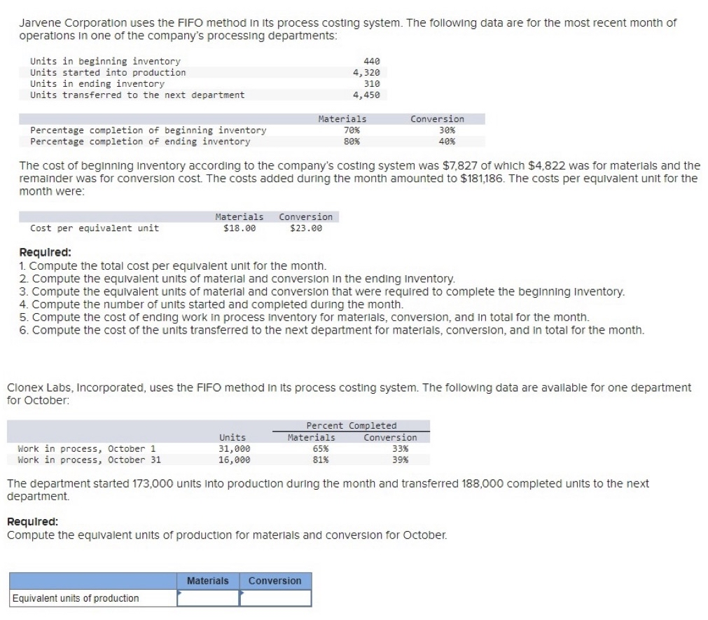 Jarvene Corporation uses the FIFO method in its process costing system. The following data are for the most recent month of
operations in one of the company's processing departments:
Units in beginning inventory
Units started into production
Units in ending inventory
Units transferred to the next department
Percentage completion of beginning inventory
Percentage completion of ending inventory
The cost of beginning inventory according to the company's costing system was $7,827 of which $4,822 was for materials and the
remainder was for conversion cost. The costs added during the month amounted to $181,186. The costs per equivalent unit for the
month were:
Work in process, October 1
Work in process, October 31
Materials Conversion
$18.00
$23.00
Materials
70%
80%
Cost per equivalent unit
Required:
1. Compute the total cost per equivalent unit for the month.
2. Compute the equivalent units of material and conversion in the ending Inventory.
3. Compute the equivalent units of material and conversion that were required to complete the beginning Inventory.
4. Compute the number of units started and completed during the month.
5. Compute the cost of ending work in process inventory for materials, conversion, and in total for the month.
6. Compute the cost of the units transferred to the next department for materials, conversion, and in total for the month.
Equivalent units of production
440
4,320
310
4,450
Clonex Labs, Incorporated, uses the FIFO method in its process costing system. The following data are available for one department
for October:
Units
31,000
16,000
Conversion
30%
40%
Materials
65%
81%
Materials Conversion
Percent Completed
The department started 173,000 units into production during the month and transferred 188,000 completed units to the next
department.
Required:
Compute the equivalent units of production for materials and conversion for October.
Conversion
33%
39%