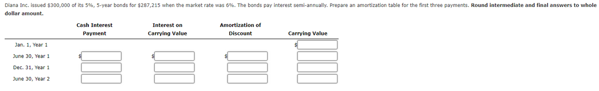 Diana Inc. issued $300,000 of its 5%, 5-year bonds for $287,215 when the market rate was 6%. The bonds pay interest semi-annually. Prepare an amortization table for the first three payments. Round intermediate and final answers to whole
dollar amount.
Cash Interest
Interest on
Amortization of
Payment
Carrying Value
Discount
Carrying Value
Jan. 1. Year 1
June 30, Year 1
Dec. 31, Year 1
June 30, Year 2
