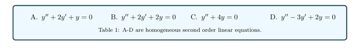 A. y" + 2y' + y = 0
B. y" + 2y' + 2y = 0
C. y" + 4y = 0
D. y" – 3y' + 2y = 0
Table 1: A-D are homogeneous second order linear equations.
