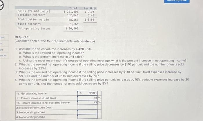 bok
nt
nt
ences
Sales (24,600 units)
Variable expenses
Contribution margin
Fixed expenses
Net operating income
Total
$ 221,400
132,840
88,560
51,660
$36,900
Required:
(Consider each of the four requirements independently):
1. Assume the sales volume increases by 4,428 units:
a. What is the revised net operating income?
b. What is the percent increase in unit sales?
Per Unit
$ 9.00
5.40
$ 3.60
c. Using the most recent month's degree of operating leverage, what is the percent increase in net operating income?
2. What is the revised net operating income if the selling price decreases by $1.10 per unit and the number of units sold
increases by 22%?
3. What is the revised net operating income if the selling price increases by $1.10 per unit, fixed expenses increase by
$9,000, and the number of units sold decreases by 7%?
1a. Net operating income
1b. Percent increase in unit sales
4. What is the revised net operating income if the selling price per unit increases by 10%, variable expenses increase by 30
cents per unit, and the number of units sold decreases by 8%?
1c. Percent increase in net operating income
2. Net operating income (loss)
3. Net operating income
4. Net operating income
$
52,841
18%
43%