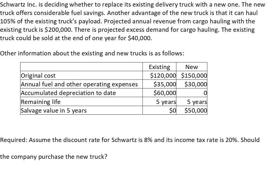 Schwartz Inc. is deciding whether to replace its existing delivery truck with a new one. The new
truck offers considerable fuel savings. Another advantage of the new truck is that it can haul
105% of the existing truck's payload. Projected annual revenue from cargo hauling with the
existing truck is $200,000. There is projected excess demand for cargo hauling. The existing
truck could be sold at the end of one year for $40,000.
Other information about the existing and new trucks is as follows:
Original cost
Annual fuel and other operating expenses
Accumulated depreciation to date
Remaining life
Salvage value in 5 years
Existing New
$120,000 $150,000
$35,000 $30,000
$60,000
5 years
$0
0
5 years
$50,000
Required: Assume the discount rate for Schwartz is 8% and its income tax rate is 20%. Should
the company purchase the new truck?