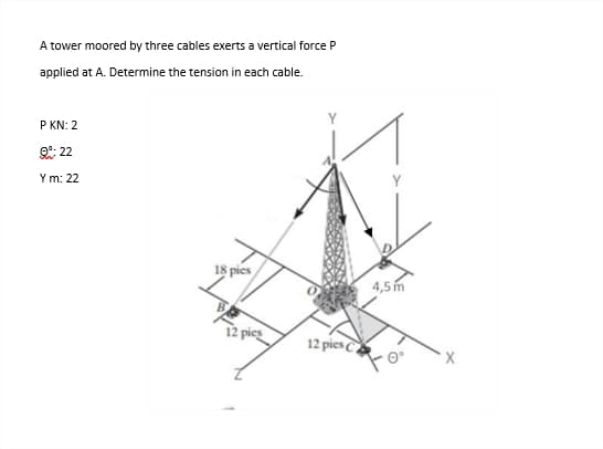 A tower moored by three cables exerts a vertical force P
applied at A. Determine the tension in each cable.
P KN: 2
2: 22
Y m: 22
18 pies
4,5 m
12 pies
12 pies
