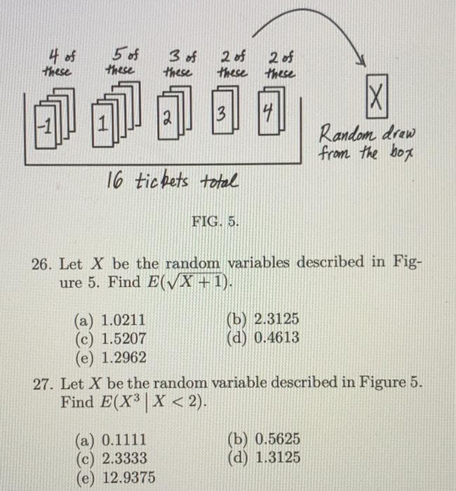 4 of
these
1
5 of
these
3 of
(a) 1.0211
(c) 1.5207
(e) 1.2962
these
2
(a) 0.1111
(c) 2.3333
(e) 12.9375
2 of
these
16 tickets total
3
FIG. 5.
2 of
these
26. Let X be the random variables described in Fig-
ure 5. Find E(√x + 1).
(b) 2.3125
(d) 0.4613
X
Random draw
from the box
27. Let X be the random variable described in Figure 5.
Find E(X³ | X < 2).
(b) 0.5625
(d) 1.3125