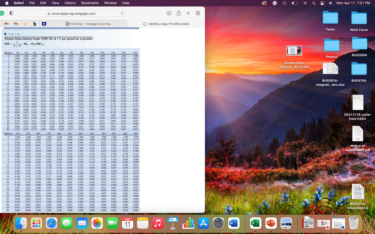 Safari
File
Edit
View
History
Bookmarks
Window
Help
Mon Apr 11 7:01 PM
+ 88
00
cnow.apps.ng.cengage.com
b
MindTap - Cengage Learning
table5a_2.jpg 710×953 pixels
Таxes
Work Force
TABLE II
Present Value Interest Factor (PVIF) ($1 at i % per period for n periods);
PVIF =
1
; PVo =
FV,(PVIFi)
(1+ i)""
Period, n
2%
3%
1.000
1.000
0.980 0.971
4%
5%
7%
1.000
8%
1.000
0.926
0.857
10%
11%
1.000
12%
1.000
1%
6%
9%
13%
BUS300A
1.000
0.990
1.000
0.962
1.000
0.952
1.000
0.943
0.890
1.000
0.917
1.000
0.909
1.000
0.885
Photos
1
0.935
0.901
0.893
0.925
0.889
0.855
0.907
0.864
0.823
0.784
0.746
0.711
0.677
0.873
0.816
0.763
0.842
0.772
0.708
0.650
0.596
0.547
0.502
2
0.980 0.961 0.943
0.826
0.812
0.797
0.712
0.636
0.567
0.783
Screen Shot
0.840
0.792
0.794
0.735
0.731
0.659
0.693
0.613
3
0.971 0.942 0.915
0.961
0.751
0.683
0.924 0.889
2022-0...53.23 PM
0.713
0.666
0.681
0.630
0.583
0.540
0.500
0.463
0.429
0.397
0.368
0.340
0.315
0.292
0.951 0.906 0.863
0.942
0.822
0.790
0.747
0.705
0.665
0.627
0.592
0.558
0.621
0.564
0.593
0.535
0.543
0.480
0.888 0.838
0.507
0.623
0.582
0.425
0.376
7
0.933
0.923
0.871 0.813
0.853 0.789
0.760
0.731
0.513
0.482
0.452
0.404
0.361
0.467
0.434
BUS301A-
BUS474A
0.333
0.295
0.261
0.231
0.204
0.181
0.160
0.141
0.125
0.837 0.766
9.
10
0.645
0.614
0.544
0.508
0.914
0.703
0.676
0.460
0.422
0.424
0.386
0.391
0.352
0.905
0.820 0.744
0.322
Integrati...lem.xlsx
0.585
0.557
0.350
0.319
11
0.896
0.887
0.804 0.722
0.650
0.527
0.497
0.469
0.442
0.475
0.388
0.356
0.326
0.299
0.317
0.286
0.287
12
0.788 0.701
0.625
0.444
0.257
0.415
0.388
0.362
0.339
0.317
0.296
0.276
0.258
0.197
0.184
0.290
0.263
0.258
13
14
0.879
0.870
0.861
0.853
0.844
0.836
0.773 0.681
0.758 0.661
0.601
0.577
0.530
0.505
0.229
0.205
0.232
15
16
0.743 0.642
0.728 0.623
0.714 0.605
0.700 0.587
0.555
0.534
0.513
0.494
0.275
0.252
0.239
0.218
0.198
0.209
0.188
0.183
0.163
0.481
0.417
0.394
0.371
0.350
0.331
0.312
0.247
0.233
0.174
0.097
0.054
0.030
0.458
17
18
0.436
0.416
0.396
0.377
0.310
0.295
0.231
0.270
0.250
0.170
0.153
0.146
0.130
0.212
0.180
0.111
0.232
0.215
0.158
0.146
19
20
0.686 0.570
0.673 0.554
0.475
0.456
0.828
0.820
0.788 0.622 0.492
0.780 0.610 0.478
0.194
0.178
0.126
0.116
0.164
0.149
0.102
0.092
0.138
0.116
0.104
0.098
0.087
0.124
0.082
0.074
2021.11.15 Letter
24
25
0.390
0.375
0.066
0.059
0.053
0.047
from CSEU
0.131
0.067
0.034
0.017
0.099
0.046
0.021
0.010
0.044
30
40
0.026
0.008
0.742
0.672
0.608
0.550
0.552 0.412
0.453 0.307
0.308
0.208
0.141
0.095
0.231
0.142
0.087
0.054
0.075
0.032
0.057
0.022
0.033
0.015
0.011
50
60
0.372 0.228
0.305 0.170
0.013
0.006
0.009
0.003
0.005
0.002
0.003
0.002
0.001
0.001
Period, n
14%
15%
16%
17%
18%
19%
20%
24%
28%
32%
36%
40%
1.000
0.877
1.000
1.000
0.862
1.000
1.000
0.847
1.000
0.840
1.000
0.833
0.694
0.579
1.000
0.806
1.000
0.781
0.610
0.477
0.373
0.291
1.000
1.000
1.000
0.714
1
0.870
0.855
0.758
0.735
PDF
0.769
0.675
2
0.756
0.658
0.572
0.497
0.743
0.731
0.718
0.706
0.593
0.650
0.574
0.435
0.329
0.250
0.541
0.398
0.292
0.215
0.510
0.641
0.624
0.609
0.524
0.364
Notice of
0.482
0.402
0.335
0.279
0.233
0.194
0.534
0.456
0.423
0.341
4
0.592
0.519
0.456
0.400
0.552
0.476
0.410
0.354
0.516
0.437
0.499
0.419
0.352
0.296
0.260
0.186
Appearance.pdf
0.432
0.376
0.327
0.284
0.247
0.215
0.187
0.163
0.390
0.333
0.275
0.222
0.179
0.227
0.178
0.139
0.108
6.
7
0.370
0.189
0.143
0.108
0.158
0.116
0.133
0.095
0.314
0.285
0.243
0.208
0.178
0.152
0.130
0.111
0.095
0.081
0.069
0.085
0.063
0.046
0.034
8
9.
0.249
0.209
0.176
0.148
0.124
0.104
0.351
0.308
0.305
0.263
0.227
0.195
0.266
0.225
0.191
0.162
0.068
0.048
0.144
0.082
0.270
0.237
0.208
0.182
0.162
0.135
0.112
10
11
0.085
0.066
0.062
0.047
0.116
0.035
0.025
0.018
0.013
0.094
0.168
0.145
0.125
0.108
0.093
0.080
0.052
0.040
12
0.076
0.061
0.036
0.027
0.021
0.016
0.025
0.137
0.116
13
0.093
0.018
0.099
0.084
0.071
0.060
0.051
0.043
0.037
0.019
0.049
0.040
0.032
0.026
0.021
0.017
0.032
0.025
0.019
0.015
0.014
0.010
0.007
0.009
0.006
0.005
0.003
14
15
0.160
0.140
0.123
0.108
0.141
0.123
0.107
0.088
0.078
0.065
0.054
0.045
0.038
0.031
0.074
16
17
0.012
0.009
0.007
0.005
0.062
0.093
0.081
0.070
0.061
0.035
0.005
0.004
0.003
0.002
0.001
0.052
18
19
0.095
0.083
0.069
0.060
0.059
0.051
0.043
0.023
0.044
0.037
0.012
0.009
0.007
0.003
0.002
0.001
0.000
0.000
0.002
0.002
0.001
0.000
20
24
0.073
0.043
0.051
0.028
0.031
0.015
0.026
0.013
0.014
0.006
0.004
0.001
0.030
0.015
0.004
0.001
0.020
0.009
0.002
0.000
0.010
0.004
0.001
0.000
0.005
0.002
0.000
0.000
0.000
0.000
0.000
0.000
25
30
0.038
0.020
0.024
0.012
0.016
0.007
0.013
0.005
0.001
0.000
0.000
0.000
BUS301A-
40
50
0.005
0.001
0.003
0.001
0.001
0.000
0.001
0.000
0.000
0.000
0.000
0.000
Discussion 4
60
0.000
0.000
0.000
0.000
0.000
0.000
0.000
0.000
0.000
0.000
0.000
0.000
APR
11
W
X
