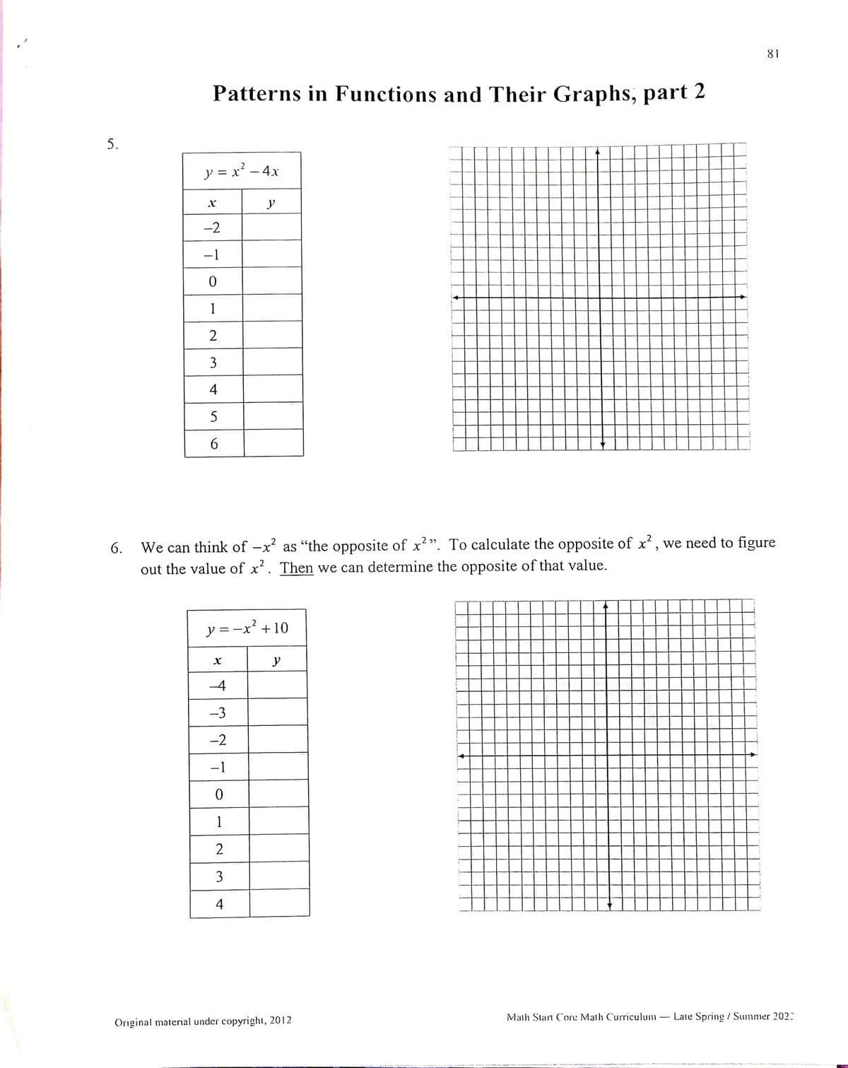 5.
Patterns in Functions and Their Graphs, part 2
y = x² - 4x
X
-2
-1
0
1
2
3
4
5
6
6.
We can think of -x² as “the opposite of x²". To calculate the opposite of x², we need to figure
out the value of x². Then we can determine the opposite of that value.
#
y = -x² + 10
X
y
ح است
-3
-2
-1
0
1
2
3
4
y
81
Original material under copyright, 2012
Math Start Core Math Curriculum - Late Spring/Summer 2022