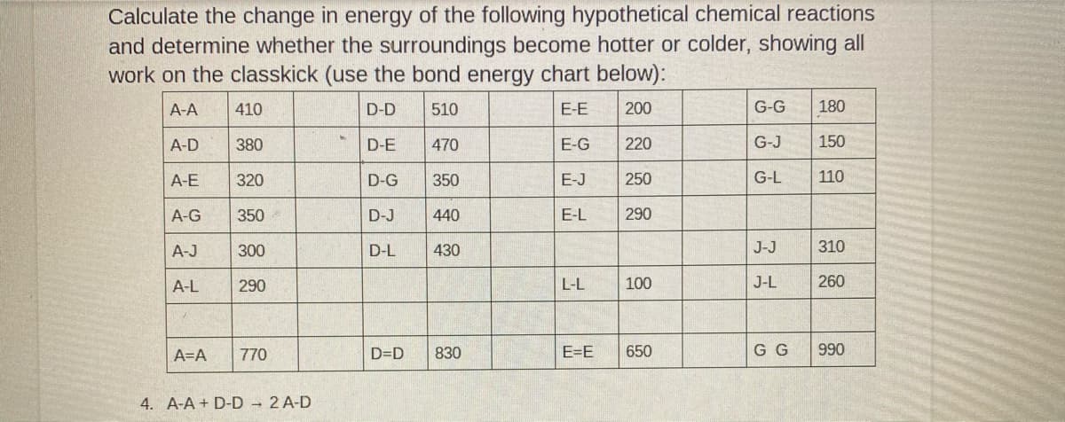 Calculate the change in energy of the following hypothetical chemical reactions
and determine whether the surroundings become hotter or colder, showing all
work on the classkick (use the bond energy chart below):
A-A
410
D-D
510
E-E
200
G-G
180
A-D
380
D-E
470
E-G
220
G-J
150
A-E
320
D-G
350
E-J
250
G-L
110
A-G
350
D-J
440
E-L
290
A-J
300
D-L
430
J-J
310
A-L
290
L-L
100
J-L
260
A=A
770
D=D
830
E=E
650
G G
990
4. A-A + D-D 2 A-D
