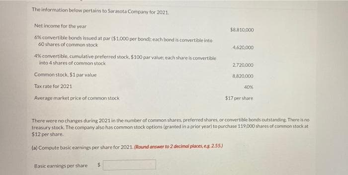 The information below pertains to Sarasota Company for 2021.
Net income for the year
6% convertible bonds issued at par ($1.000 per bond): each bond is convertible into
60 shares of common stock
4% convertible, cumulative preferred stock. $100 par value; each share is convertible
into 4 shares of common stock
Common stock, $1 par value
Tax rate for 2021
Average market price of common stock
$8,810,000
Basic earnings per share $
4,620,000
2,720,000
8,820.000
40%
$17 per share
There were no changes during 2021 in the number of common shares, preferred shares, or convertible bonds outstanding. There is no
treasury stock. The company also has common stock options (granted in a prior year) to purchase 119,000 shares of common stock at
$12 per share.
(a) Compute basic earnings per share for 2021. (Round answer to 2 decimal places, e.g. 2.55.)