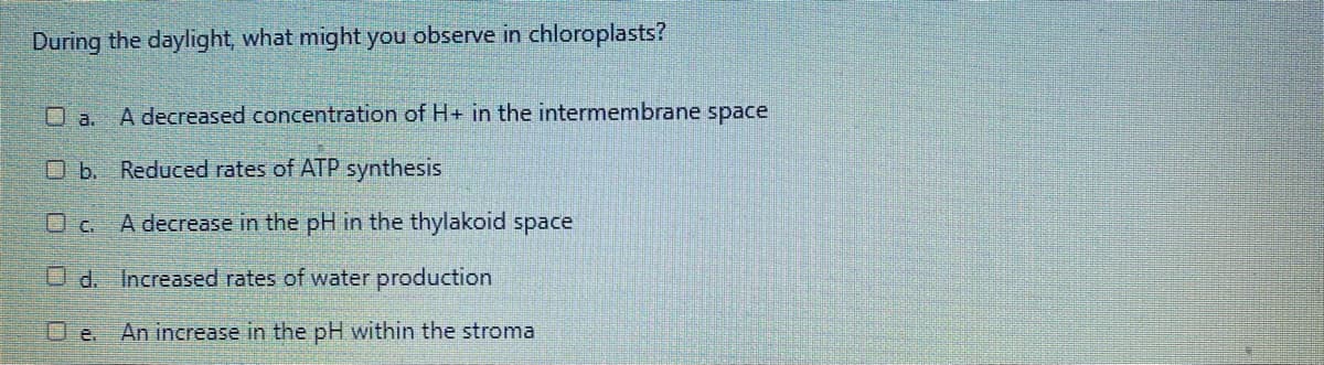 During the daylight, what might you observe in chloroplasts?
O a.
A decreased concentration of H+ in the intermembrane space
Ob Reduced rates of ATP synthesis
A decrease in the pH in the thylakoid space
O d. Increased rates of water production
O e.
An increase in the pH within the stroma

