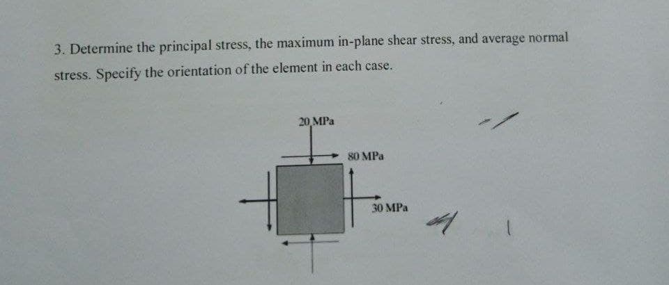 3. Determine the principal stress, the maximum in-plane shear stress, and average normal
stress. Specify the orientation of the element in each case.
20 MPa
80 MPa
30 MPa
