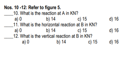 Nos. 10 -12: Refer to figure 5.
_10. What is the reaction at A in KN?
a) 0
_11. What is the horizontal reaction at B in KN?
a) 0
_12. What is the vertical reaction at B in KN?
a) 0
b) 14
c) 15
d) 16
b) 14
c) 15
d) 16
b) 14
c) 15
d) 16
