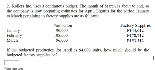 2. Rollers Inc. uses a continuous budget. The month of March is about to end, so
the company is now preparing estimates for April. Figures for the period January
to March pertaining to factory supplies are as follows:
Production
Factory Supplies
P144,612
January
February
March
90,000
108,000
96,000
P170,712
P153,312
If the budgeted production for April is 94,000 units, how much should be the
budgeted factory supplies be?
Your answer
