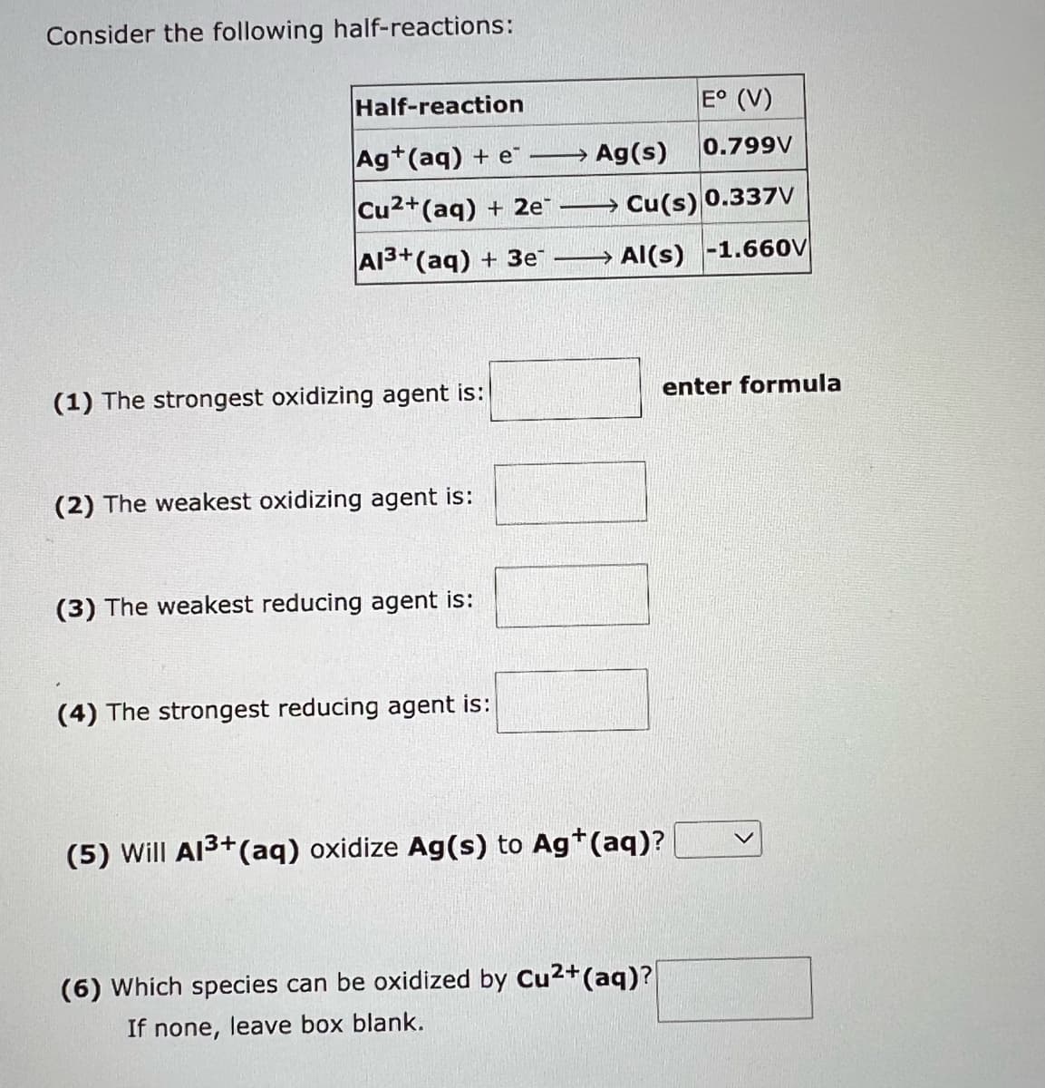 Consider the following half-reactions:
Half-reaction
Ag+ (aq) + e
Cu2+ (aq) + 2e -
Al3+ (aq) + 3e→→→→→→
(1) The strongest oxidizing agent is:
(2) The weakest oxidizing agent is:
(3) The weakest reducing agent is:
(4) The strongest reducing agent is:
->>>
Ag(s)
Cu(s) 0.337V
Al(s) -1.660V
E° (V)
0.799V
enter formula
(5) Will Al³+ (aq) oxidize Ag(s) to Ag+ (aq)?
(6) Which species can be oxidized by Cu2+ (aq)?|
If none, leave box blank.