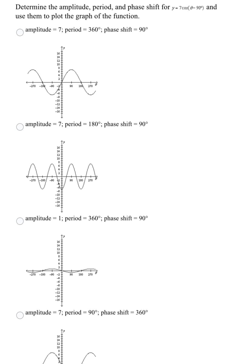 Determine the amplitude, period, and phase shift for y- 7cos(8- 90°) and
use them to plot the graph of the function.
amplitude = 7; period = 360°; phase shift = 90°
-270 -18
-90
90
180
270
amplitude = 7; period = 180°; phase shift = 90°
AAAA
-270
-180
-90
90
180
270
-14
amplitude = 1; period = 360°; phase shift = 90°
-270 -180
-90
90
180
270
amplitude = 7; period = 90°; phase shift = 360°
