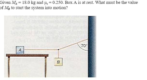 Given M₁ = 18.0 kg and µ = 0.250. Box A is at rest. What must be the value
of Me to start the system into motion?
70⁰
A
5