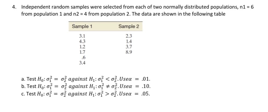 4. Independent random samples were selected from each of two normally distributed populations, n1 = 6
from population 1 and n2 = 4 from population 2. The data are shown in the following table
Sample 1
Sample 2
3.1
4.3
1.2
2.3
1.4
3.7
8.9
1.7
.6
3.4
a. Test Ho: of
b. Test Ho: of
c. Test Ho: of
ož against H1:of < ož.Usea = .01.
ož against H,:of # o3.Usea = .10.
ož against H1:o > ož.Usea = .05.
く
