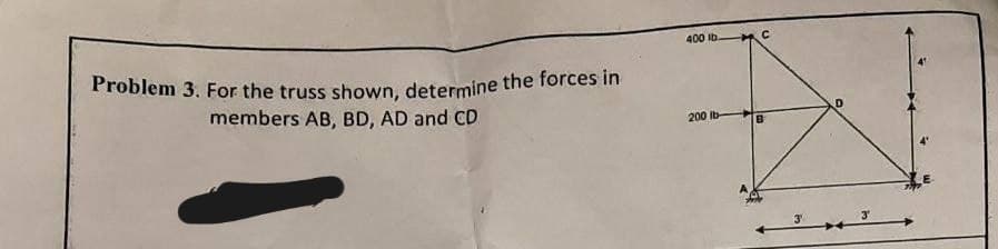 Problem 3. For the truss shown, determine the forces in
members AB, BD, AD and CD
400 lb.
200 lb-
C