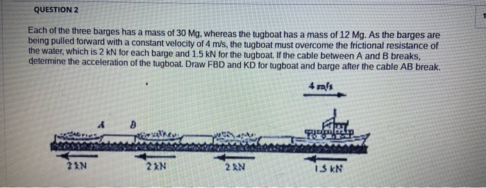 QUESTION 2
Each of the three barges has a mass of 30 Mg, whereas the tugboat has a mass of 12 Mg. As the barges are
being pulled forward with a constant velocity of 4 m/s, the tugboat must overcome the frictional resistance of
the water, which is 2 kN for each barge and 1.5 kN for the tugboat. If the cable between A and B breaks,
determine the acceleration of the tugboat. Draw FBD and KD for tugboat and barge after the cable AB break.
4 m/s
22N
2 AN
2 RN
IS KN
