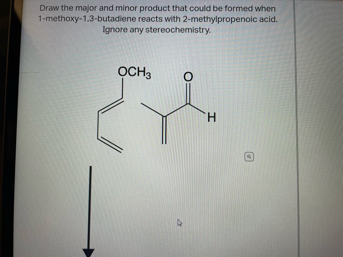 Draw the major and minor product that could be formed when
1-methoxy-1,3-butadiene reacts with 2-methylpropenoic acid.
Ignore any stereochemistry.
OCH3
H.
