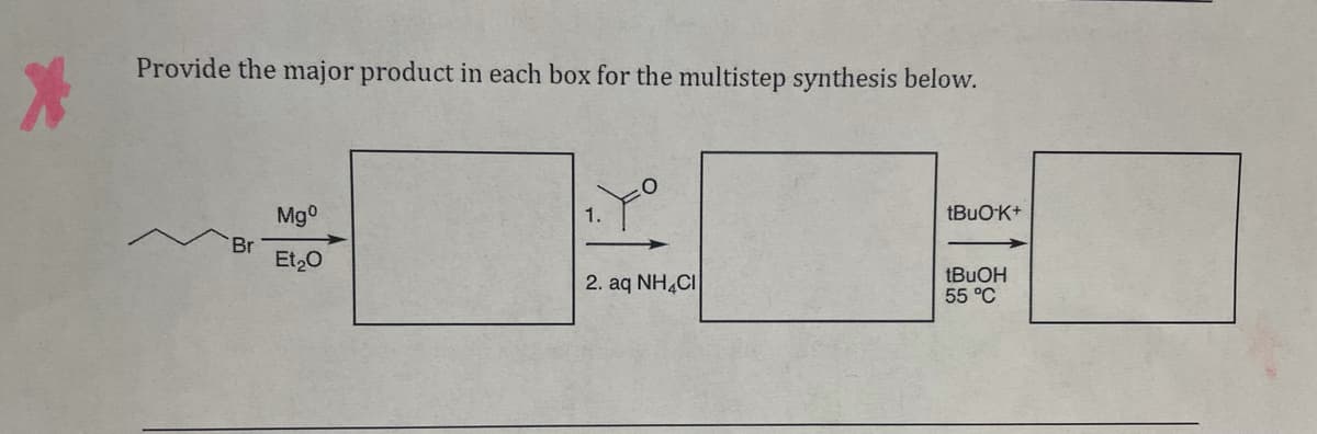 Provide the major product in each box for the multistep synthesis below.
Mg°
tBuOK+
Br
Et20
2. aq NH,CI
(BUOH
55 °C
