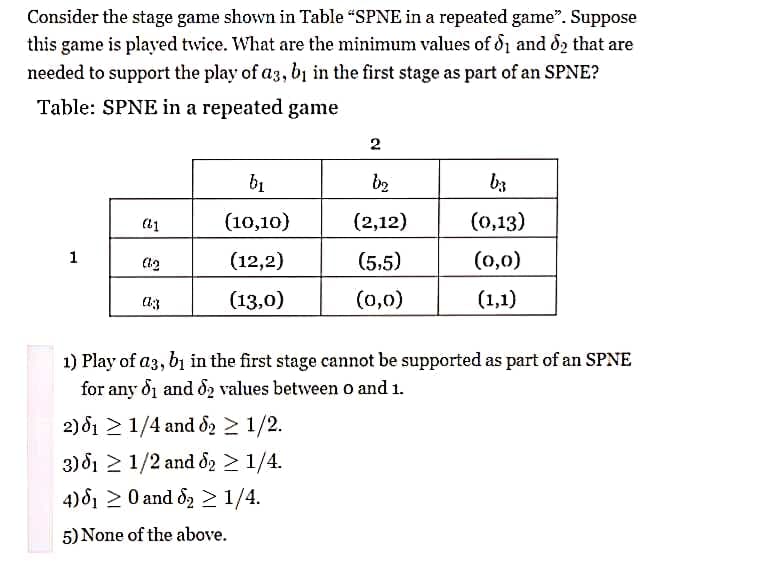 Consider the stage game shown in Table "SPNE in a repeated game". Suppose
this game is played twice. What are the minimum values of 81 and d2 that are
needed to support the play of a3, b₁ in the first stage as part of an SPNE?
Table: SPNE in a repeated game
2
b₁
b₂
b3
(61
(10,10)
(2,12)
(0,13)
1
(2
(12,2)
(5,5)
(0,0)
(13,0)
(0,0)
(1,1)
1) Play of a3, b1 in the first stage cannot be supported as part of an SPNE
for any 6₁ and 2 values between 0 and 1.
2) 1 ≥ 1/4 and 8₂ ≥ 1/2.
3) 1 1/2 and 62 ≥ 1/4.
4) 61 ≥ 0 and ₂ ≥ 1/4.
5) None of the above.