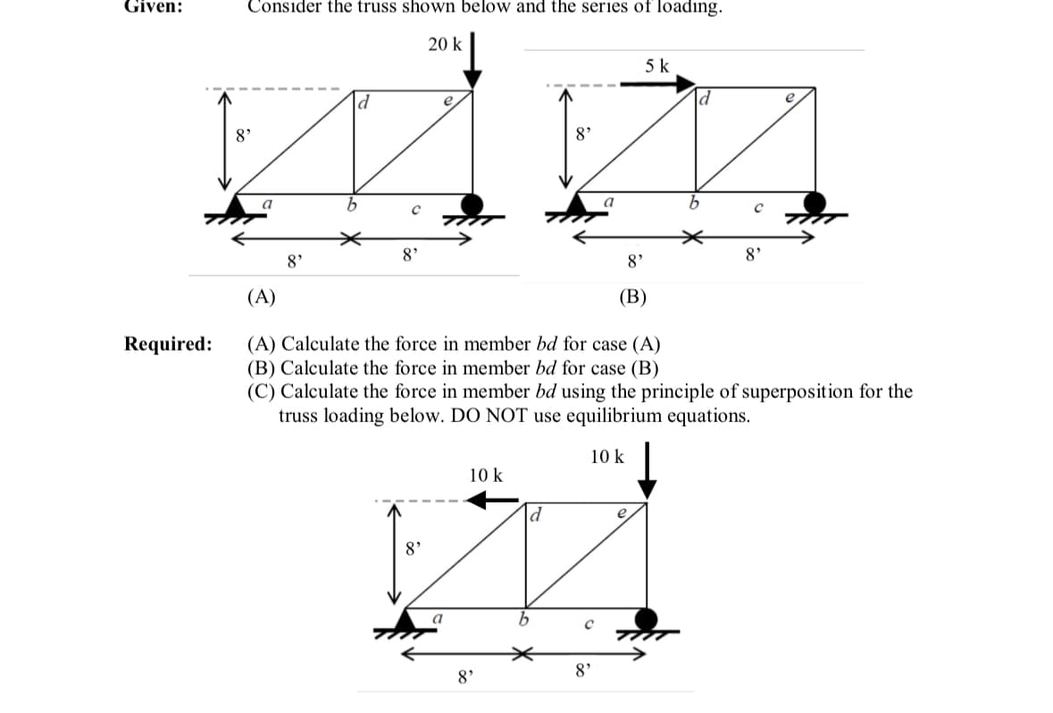 Given:
Consider the truss shown below and the series of loading.
20 k
Required:
8⁹
An
8⁹
8⁹
8'
8'
a
10 k
8'
(A)
(A) Calculate the force in member bd for case (A)
(B) Calculate the force in member bd for case (B)
(C) Calculate the force in member bd using the principle of superposition for the
truss loading below. DO NOT use equilibrium equations.
10 k
d
5 k
a
8⁹
8'
(B)
b
8'