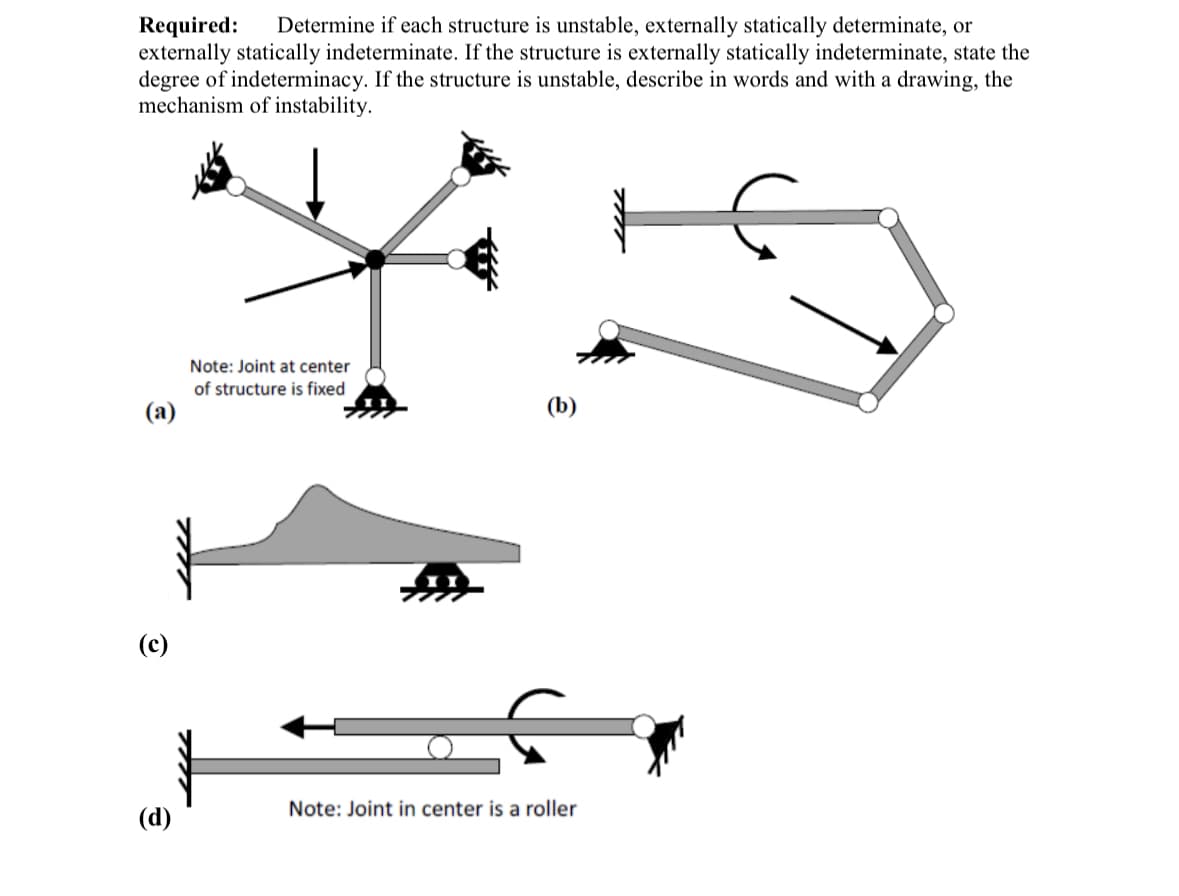 Required: Determine if each structure is unstable, externally statically determinate, or
externally statically indeterminate. If the structure is externally statically indeterminate, state the
degree of indeterminacy. If the structure is unstable, describe in words and with a drawing, the
mechanism of instability.
(a)
(c)
(d)
Note: Joint at center
of structure is fixed
(b)
Note: Joint in center is a roller