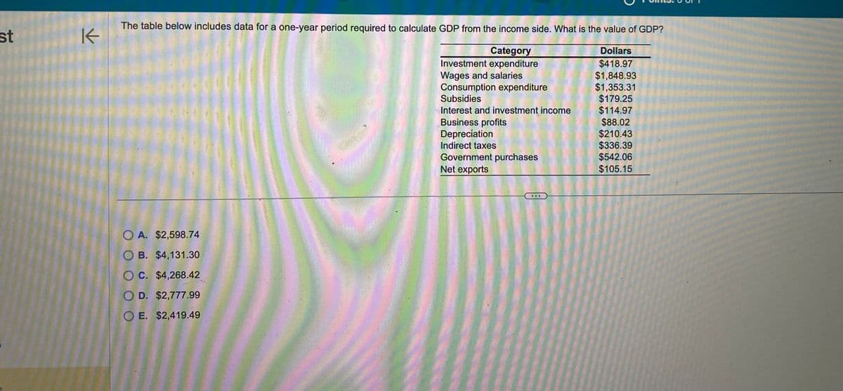 st
K
The table below includes data for a one-year period required to calculate GDP from the income side. What is the value of GDP?
Category
Dollars
$418.97
Investment expenditure
Wages and salaries
$1,848.93
$1,353.31
$179.25
$114.97
$88.02
OA. $2,598.74
OB. $4,131.30
OC. $4,268.42
OD. $2,777.99
OE. $2,419.49
Consumption expenditure
Subsidies
Interest and investment income
Business profits
Depreciation
Indirect taxes
Government purchases
Net exports
$210.43
$336.39
$542.06
$105.15