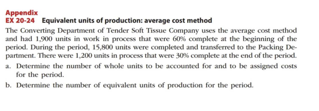 Appendix
EX 20-24 Equivalent units of production: average cost method
The Converting Department of Tender Soft Tissue Company uses the average cost method
and had 1,900 units in work in process that were 60% complete at the beginning of the
period. During the period, 15,800 units were completed and transferred to the Packing De-
partment. There were 1,200 units in process that were 30% complete at the end of the period.
a. Determine the number of whole units to be accounted for and to be assigned costs
for the period.
b. Determine the number of equivalent units of production for the period.