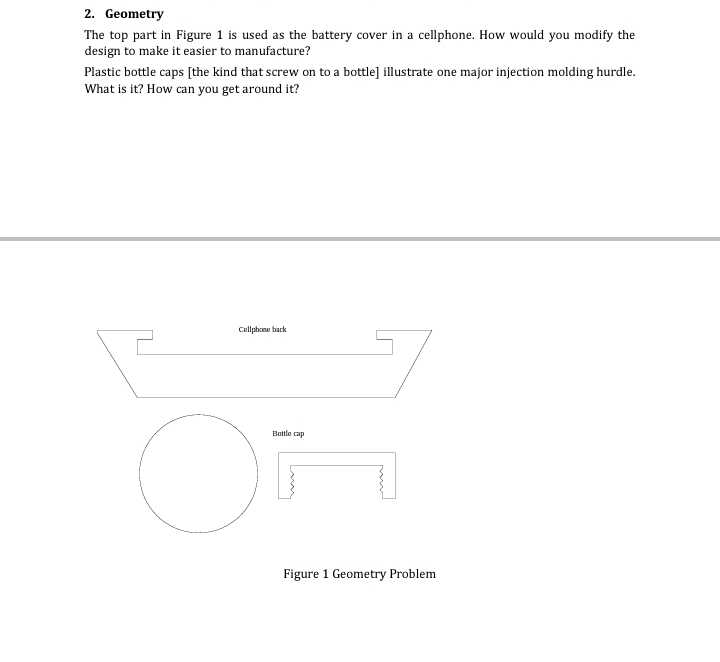 2. Geometry
The top part in Figure 1 is used as the battery cover in a cellphone. How would you modify the
design to make it easier to manufacture?
Plastic bottle caps [the kind that screw on to a bottle] illustrate one major injection molding hurdle.
What is it? How can you get around it?
Cellphone back
Bottle cap
Figure 1 Geometry Problem