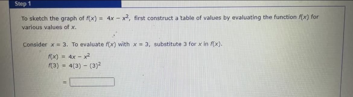 Step 1
To sketch the graph of f(x) = 4x – x², first construct a table of values by evaluating the function f(x) for
various values of x.
Consider x = 3. To evaluate f(x) with x = 3, substitute 3 for x in f(x).
f(x) = 4x – x²
f(3)
4(3) – (3)2
