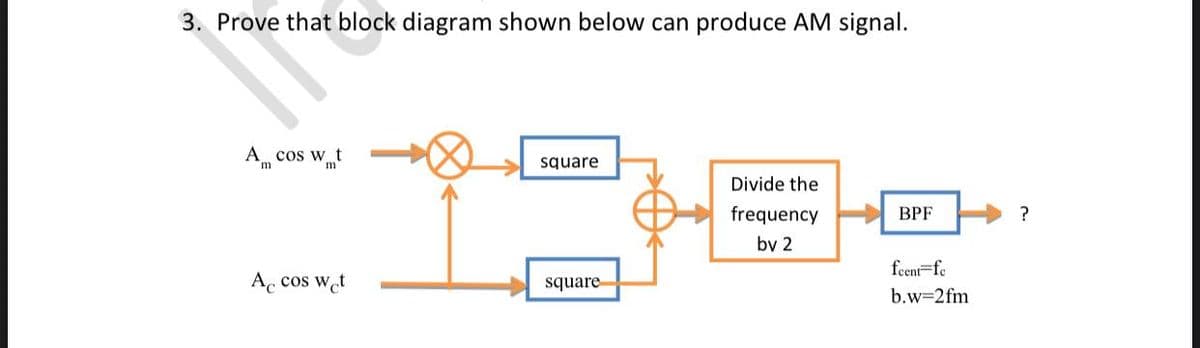 3. Prove that block diagram shown below can produce AM signal.
A cos wt
square
m
Divide the
frequency
BPF
by 2
fcent-fe
Ac cos wet
square
b.w=2fm
