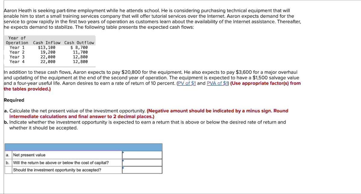 Aaron Heath is seeking part-time employment while he attends school. He is considering purchasing technical equipment that will
enable him to start a small training services company that will offer tutorial services over the Internet. Aaron expects demand for the
service to grow rapidly in the first two years of operation as customers learn about the availability of the Internet assistance. Thereafter,
he expects demand to stabilize. The following table presents the expected cash flows:
Year of
Operation
Year 1
Cash Inflow Cash Outflow
$13,100
Year 2
19,200
Year 3
Year 4
22,000
22,000
$ 8,700
11,700
12,800
12,800
In addition to these cash flows, Aaron expects to pay $20,800 for the equipment. He also expects to pay $3,600 for a major overhaul
and updating of the equipment at the end of the second year of operation. The equipment is expected to have a $1,500 salvage value
and a four-year useful life. Aaron desires to earn a rate of return of 10 percent. (PV of $1 and PVA of $1) (Use appropriate factor(s) from
the tables provided.)
Required
a. Calculate the net present value of the investment opportunity. (Negative amount should be indicated by a minus sign. Round
intermediate calculations and final answer to 2 decimal places.)
b. Indicate whether the investment opportunity is expected to earn a return that is above or below the desired rate of return and
whether it should be accepted.
a. Net present value
b. Will the return be above or below the cost of capital?
Should the investment opportunity be accepted?