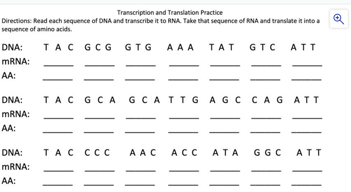 Transcription and Translation Practice
Directions: Read each sequence of DNA and transcribe it to RNA. Take that sequence of RNA and translate it into a
sequence of amino acids.
DNA:
TA C G C G
GT G
ААА
ТАТ
GTC ATТТ
MRNA:
AA:
DNA:
TA C G CA GCA TTG AG C CAG ATT
MRNA:
AA:
DNA:
ТАС Ссс
ААС
АСС
АТА
GG C
АТТ
MRNA:
AA:
