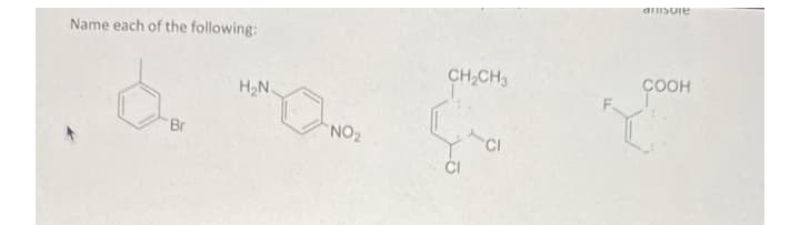 Name each of the following:
CH,CH3
СООН
pooH
H2N
Br
NO2
CI
CI
