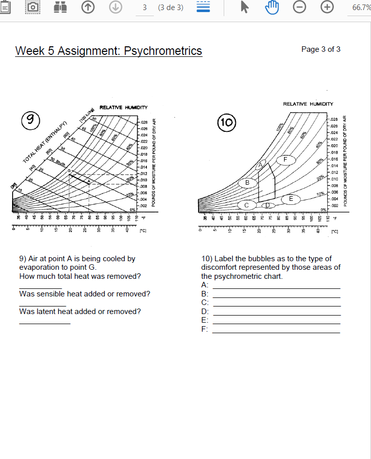 (3 de 3)
66.7%
Week 5 Assignment: Psychrometrics
Page 3 of 3
RELATIVE HUMIDITY
6.
RELATIVE HUMIDITY
TOTAL HEAT (ENTHALPY)
20 Bu.
(100 kkal
F028
(10)
:026
so
F028
024
F026
.022
.024
020
.022
.018
020
.016
so
018
.014
F
.016
F012
20%
30%
-.014
-010
.008
012
20%
F.008
В
-.006
.010
-.004
19%
-.004
F.002
.006
* 8 8 8 8 8 8 F
C
* 9 * 8 8 8 8 R E 8 * 8 8
.002
0%
and
9) Air at point A is being cooled by
evaporation to point G.
How much total heat was removed?
10) Label the bubbles as to the type of
discomfort represented by those areas of
the psychrometric chart.
A:
Was sensible heat added or removed?
B:
Was latent heat added or removed?
C:
D:
E:
F:
POUNDS OF MOISTURE PER POUND OF DRY AIR
SOL
itt OLL
09
00
POUNDS OF MOISTURE PER POUND OF DRY AIR
-S8 Fsc
3.
