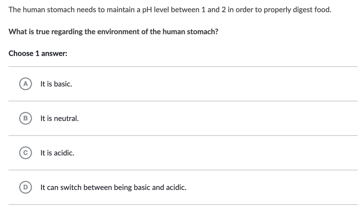 The human stomach needs to maintain a pH level between 1 and 2 in order to properly digest food.
What is true regarding the environment of the human stomach?
Choose 1 answer:
A
B
D
It is basic.
It is neutral.
It is acidic.
It can switch between being basic and acidic.