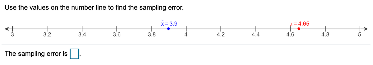 Use the values on the number line to find the sampling error.
x = 3.9
µ = 4.65
3.2
3.4
3.6
3.8
4
4.2
4.4
4.6
4.8
The sampling error is
