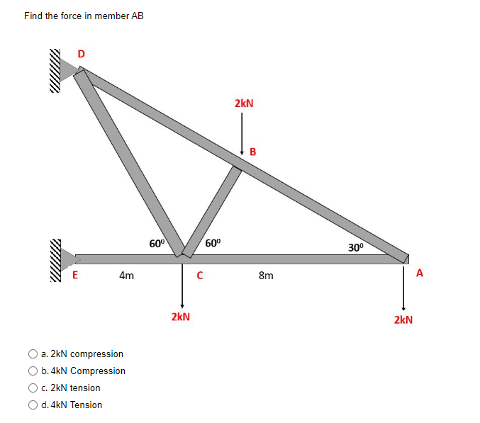 Find the force in member AB
D
E
4m
a. 2kN compression
b. 4kN Compression
c. 2kN tension
d. 4kN Tension
60⁰
2kN
с
60⁰
2kN
B
8m
30⁰
2kN
A