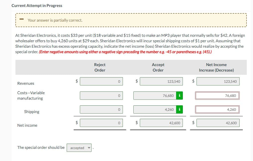 Current Attempt in Progress
-
Your answer is partially correct.
At Sheridan Electronics, it costs $33 per unit ($18 variable and $15 fixed) to make an MP3 player that normally sells for $42. A foreign
wholesaler offers to buy 4,260 units at $29 each. Sheridan Electronics will incur special shipping costs of $1 per unit. Assuming that
Sheridan Electronics has excess operating capacity, indicate the net income (loss) Sheridan Electronics would realize by accepting the
special order. (Enter negative amounts using either a negative sign preceding the number e.g. -45 or parentheses e.g. (45).)
Revenues
Costs-Variable
manufacturing
Shipping
Net income
$
The special order should be accepted
Reject
Order
0
0
0
0
Accept
Order
123,540
76,680 i
4,260 i
42,600
$
Net Income
Increase (Decrease)
123,540
76,680
4,260
42,600