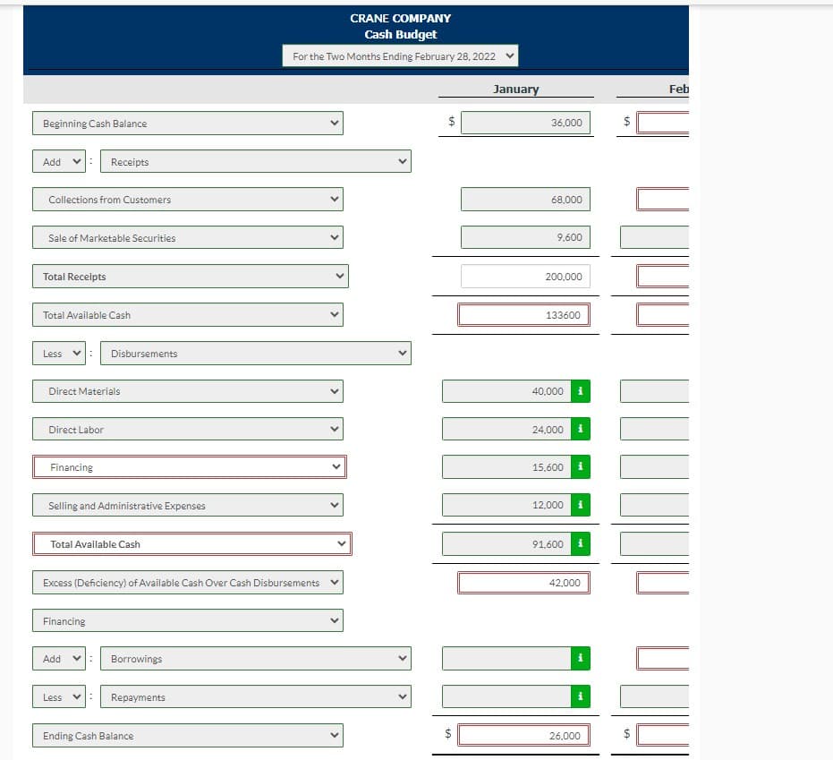 Beginning Cash Balance
Add
Collections from Customers
Sale of Marketable Securities
Total Receipts
Total Available Cash
Less
Direct Labor
Receipts
Direct Materials
Financing
Selling and Administrative Expenses
Disbursements
Total Available Cash
Financing
Add
Excess (Deficiency) of Available Cash Over Cash Disbursements
Less
V: Borrowings
Repayments
CRANE COMPANY
Cash Budget
For the Two Months Ending February 28, 2022
Ending Cash Balance
+A
EA
January
36,000
68,000
9.600
200,000
133600
40,000
24,000
15,600
12,000
i
i
i
91,600 i
42,000
26,000
$
Feb
10000 In
lin