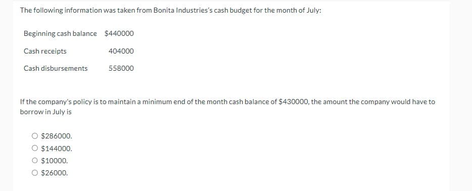 The following information was taken from Bonita Industries's cash budget for the month of July:
Beginning cash balance $440000
Cash receipts
404000
Cash disbursements
558000
If the company's policy is to maintain a minimum end of the month cash balance of $430000, the amount the company would have to
borrow in July is
$286000.
$144000.
$10000.
$26000.