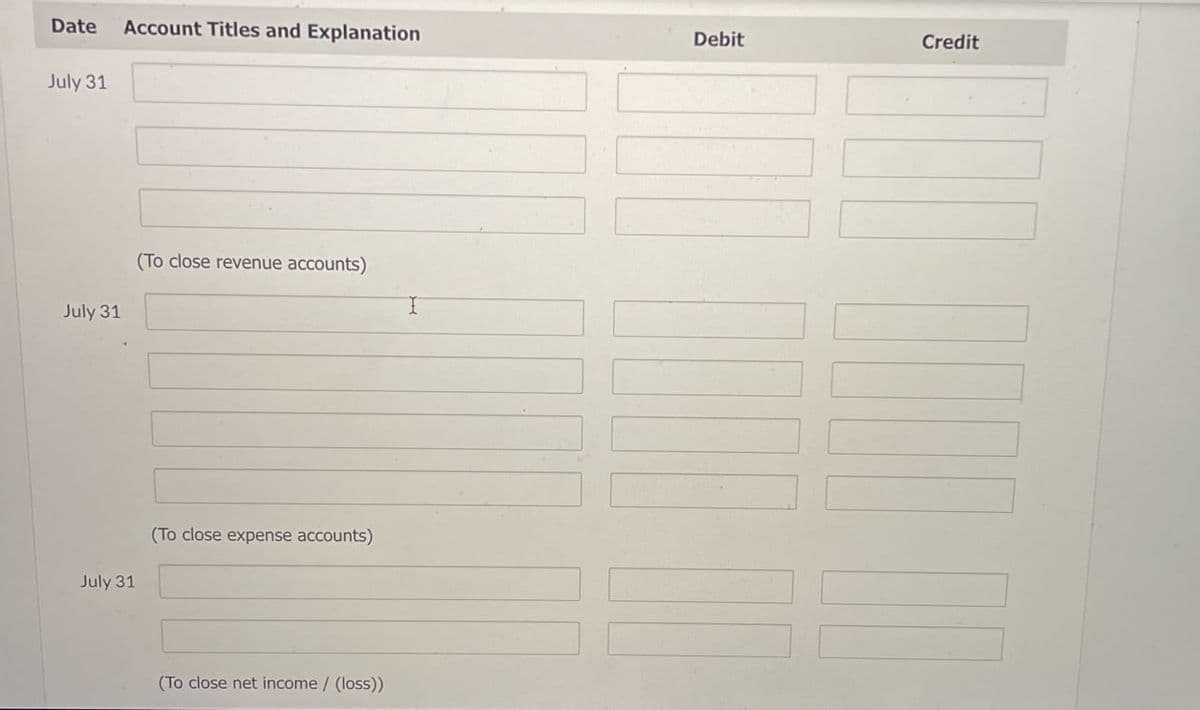 Date Account Titles and Explanation
July 31
July 31
(To close revenue accounts)
July 31
(To close expense accounts)
(To close net income/(loss))
I
Debit
Credit