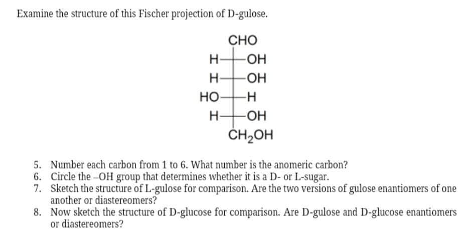 Examine the structure of this Fischer projection of D-gulose.
CHO
-O-
HO
HO -H
H-OH
CH,OH
5. Number each carbon from 1 to 6. What number is the anomeric carbon?
6. Circle the -OH group that determines whether it is a D- or L-sugar.
7. Sketch the structure of L-gulose for comparison. Are the two versions of gulose enantiomers of one
another or diastereomers?
8. Now sketch the structure of D-glucose for comparison. Are D-gulose and D-glucose enantiomers
or diastereomers?
