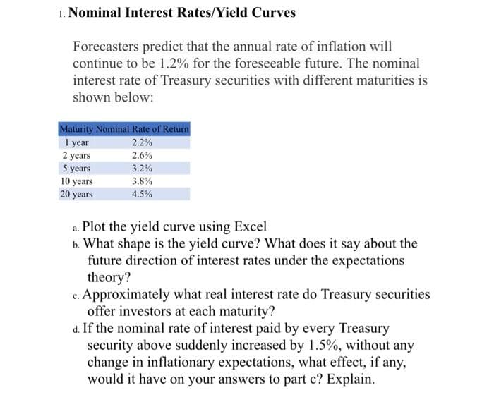 1. Nominal Interest Rates/Yield Curves
Forecasters predict that the annual rate of inflation will
continue to be 1.2% for the foreseeable future. The nominal
interest rate of Treasury securities with different maturities is
shown below:
Maturity Nominal Rate of Return
2.2%
2.6%
3,2%
3.8%
4.5%
1 year
2 years
5 years
10 years
20 years
a. Plot the yield curve using Excel
b. What shape is the yield curve? What does it say about the
future direction of interest rates under the expectations
theory?
c. Approximately what real interest rate do Treasury securities
offer investors at each maturity?
d. If the nominal rate of interest paid by every Treasury
security above suddenly increased by 1.5%, without any
change in inflationary expectations, what effect, if any,
would it have on your answers to part c? Explain.