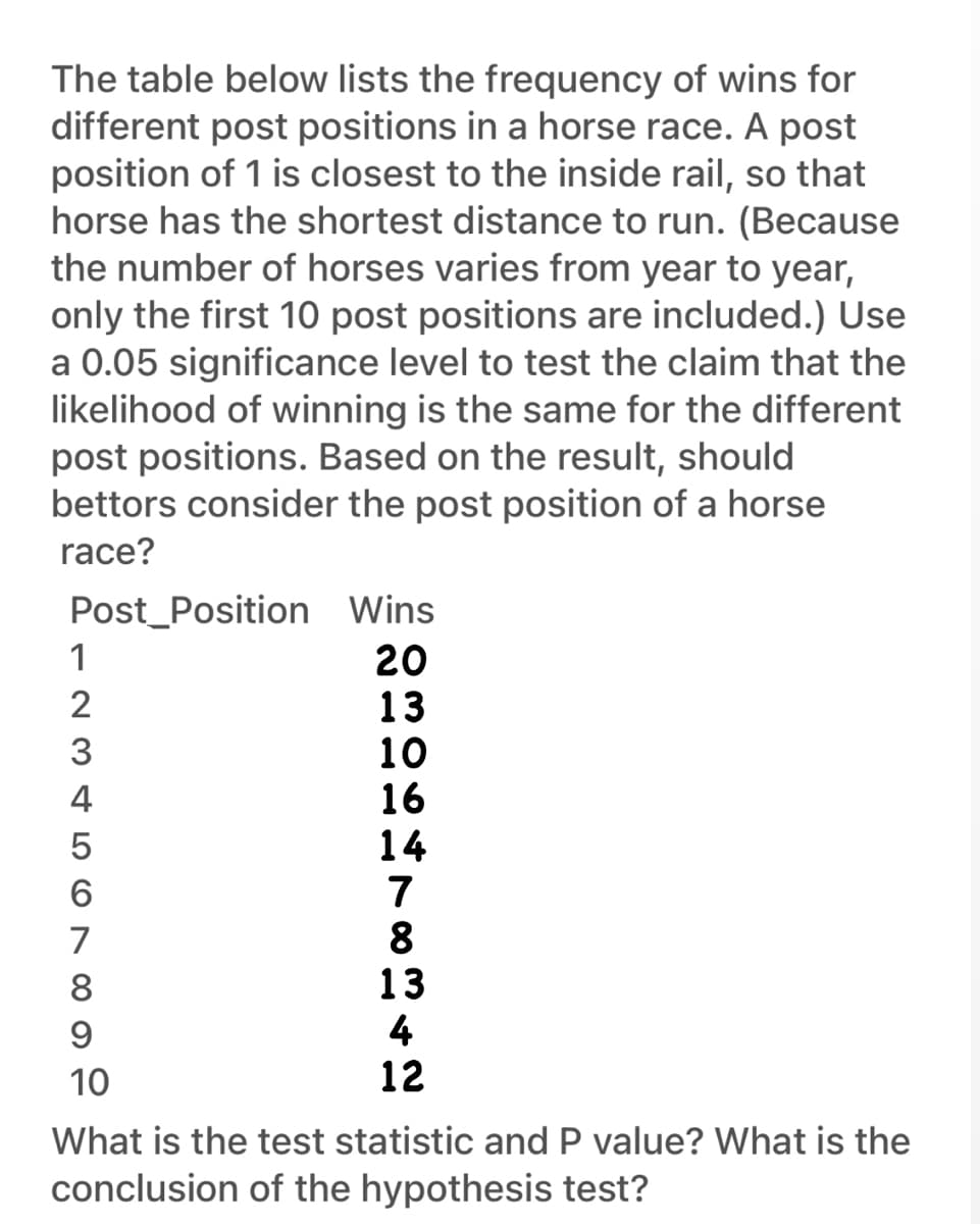 The table below lists the frequency of wins for
different post positions in a horse race. A post
position of 1 is closest to the inside rail, so that
horse has the shortest distance to run. (Because
the number of horses varies from year to year,
only the first 10 post positions are included.) Use
a 0.05 significance level to test the claim that the
likelihood of winning is the same for the different
post positions. Based on the result, should
bettors consider the post position of a horse
race?
Post_Position Wins
20
13
10
16
14
7
8
13
4
12
1
2
3
4
5
6
7
8
9
10
What is the test statistic and P value? What is the
conclusion of the hypothesis test?
