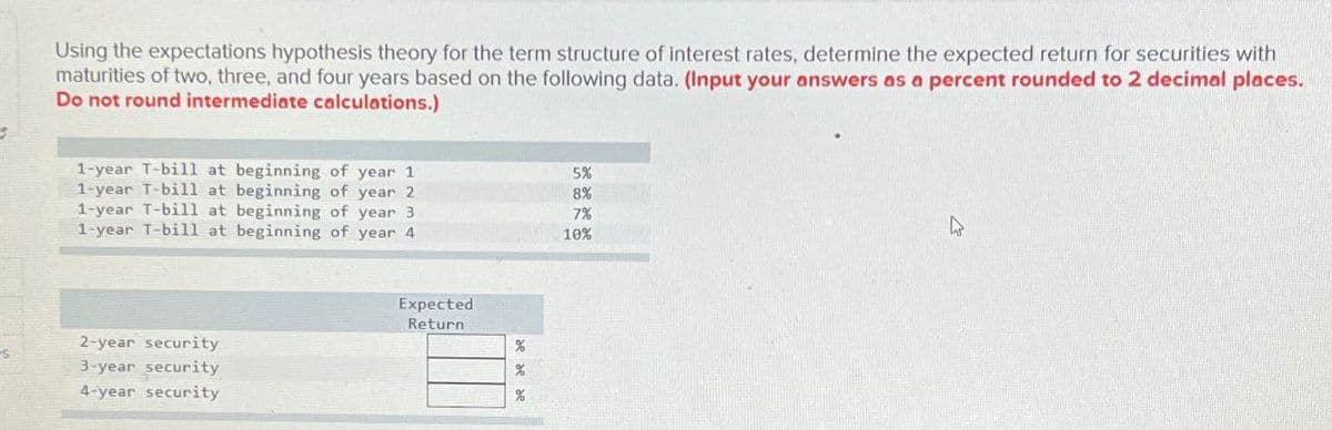 Using the expectations hypothesis theory for the term structure of interest rates, determine the expected return for securities with
maturities of two, three, and four years based on the following data. (Input your answers as a percent rounded to 2 decimal places.
Do not round intermediate calculations.)
1-year T-bill at beginning of year 1
1-year T-bill at beginning of year 2
1-year T-bill at beginning of year 3
1-year T-bill at beginning of year 4
5%
8%
7%
10%
ง
2-year security
3-year security
4-year security
Expected
Return
%
%
%